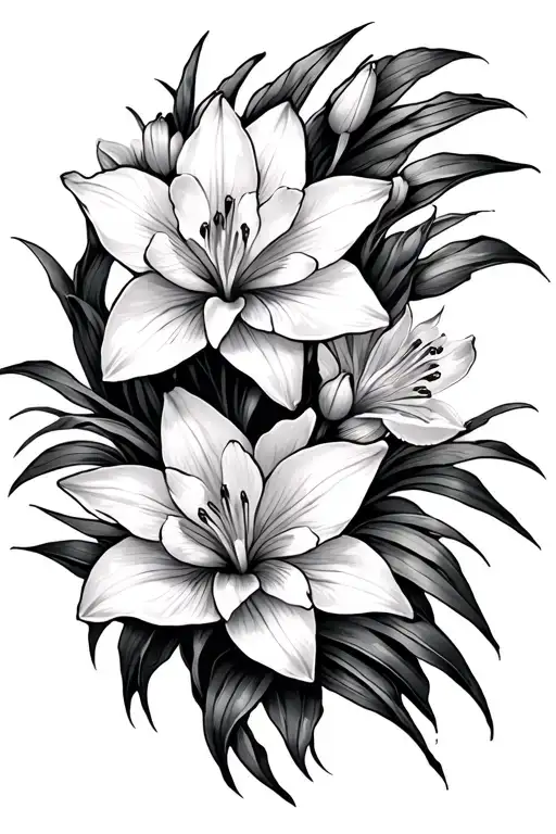 Water Lillys With Narcissus Flowers With Manual Tattoo On Thigh