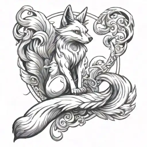 Sitting Kitsune With Phoenix Flying Above
