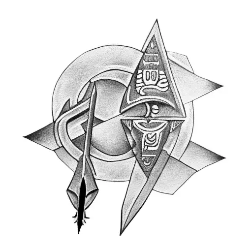 A Black-grey Tattoo Depicting An Arrow Piercing Through A Greek And Egyptian Symbol Combined