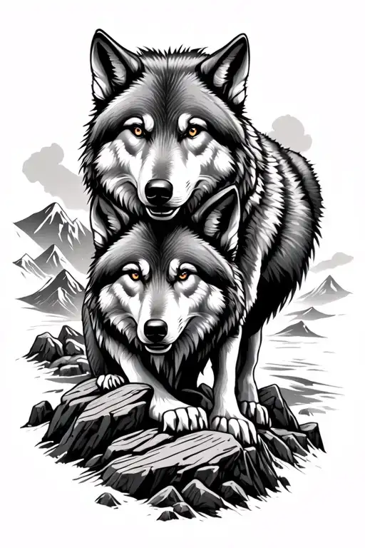 2 Wolf Brothers An Older One On Another In A Rocky Landscape Like A Mountain