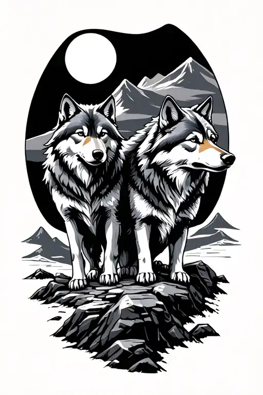 2 Wolf Brothers An Older One On Another In A Rocky Landscape Like A Mountain And A Full Moon Above