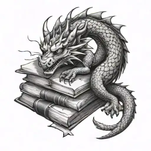 Dragon With Striking Eyes Laying Round A Stack Of Books