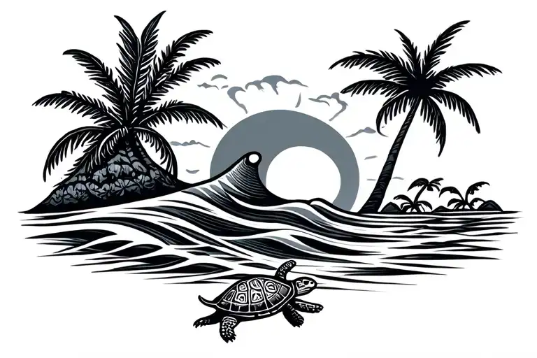 A Mahorais Type Wave With A Palm Tree A Turtle And A Sun