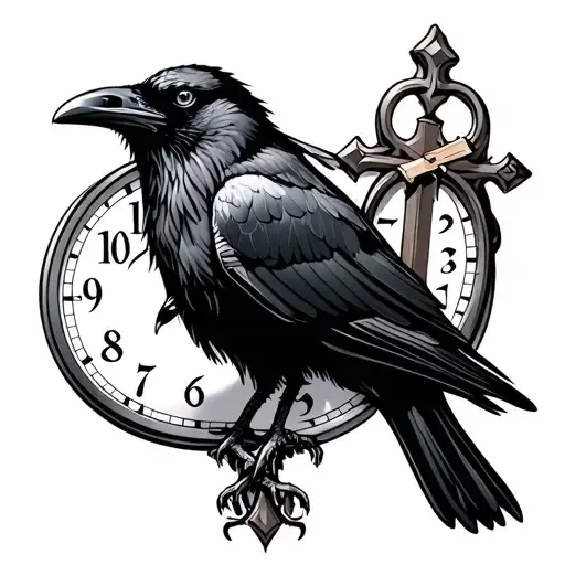 Raven With Clock And A Cross