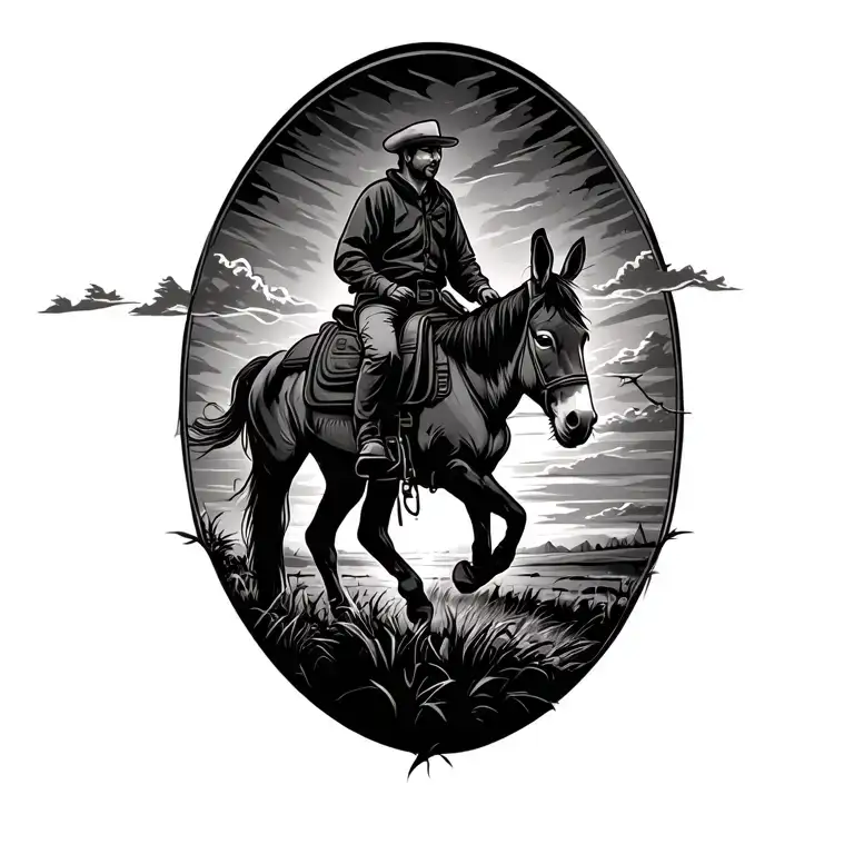 Donkey With Saddle Riding Into The Sunset