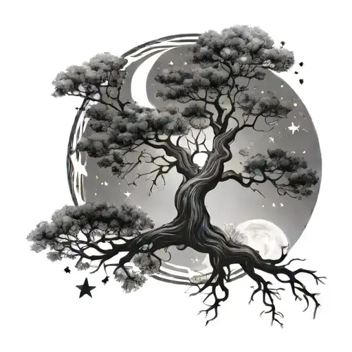 Tree With Cosmic Elements Like Stars Or A Crescent Moon