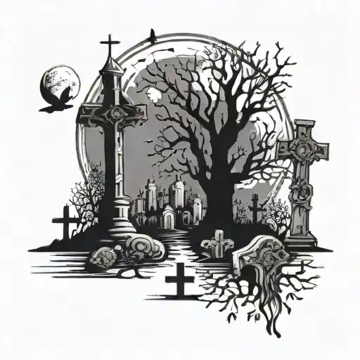 Cemetery With Crosses With Tree And Moon