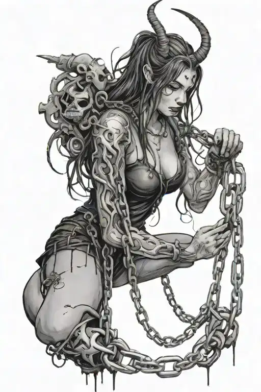 Create A Tattoo Of A Chained Girl Suffering From A Demon Holding The Chains