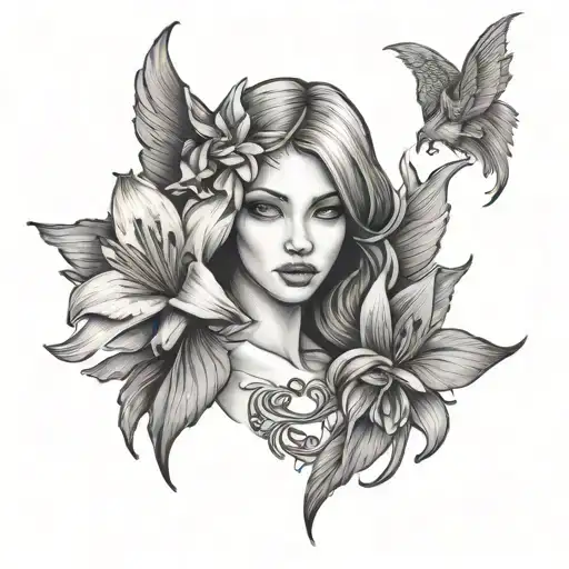 Angela With Angel Wings And A Lily Flower