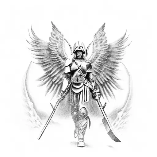 Spartan Soldier With Angel Wings Fighting A Demon From Hell