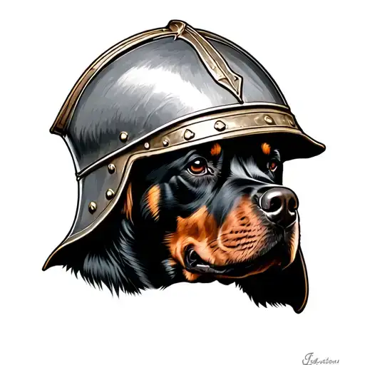 Rottweiler Wearing Roman Helmet