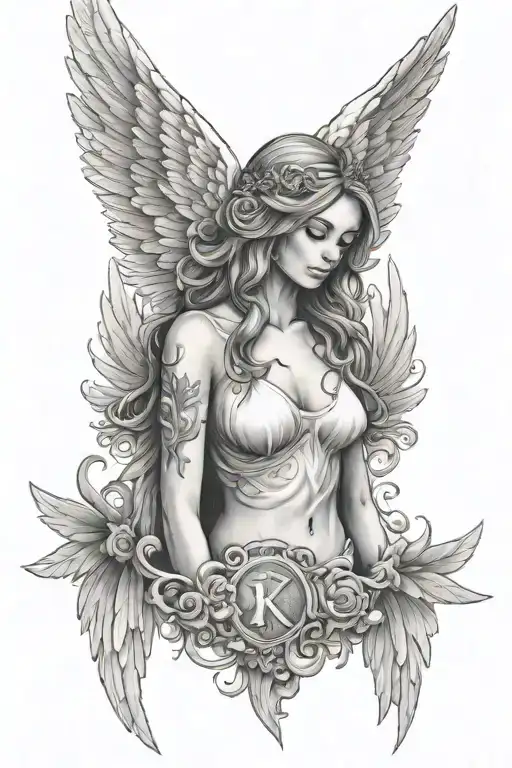 The Name Brooke With Angel Wings On Each Side And Halo Around Top Of K