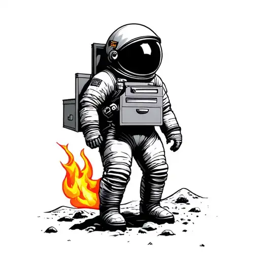 Astronaut On Moon Looking Through A File Cabinet With Fire On His Helmet And Under His Feet