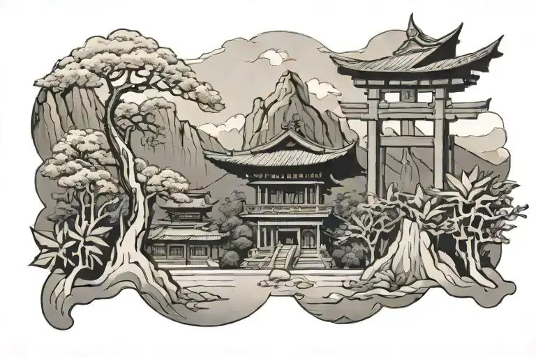 Asian Traditional Mountains And Temple And Torii