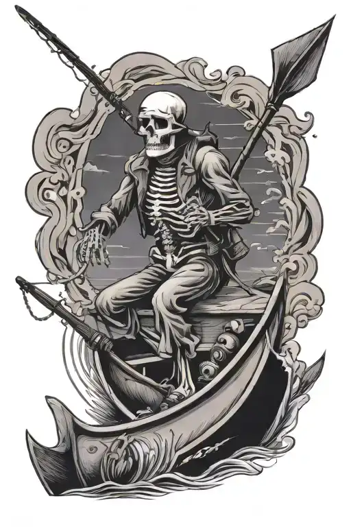 Skeleton Fisherman Fishing From A Boat Floating