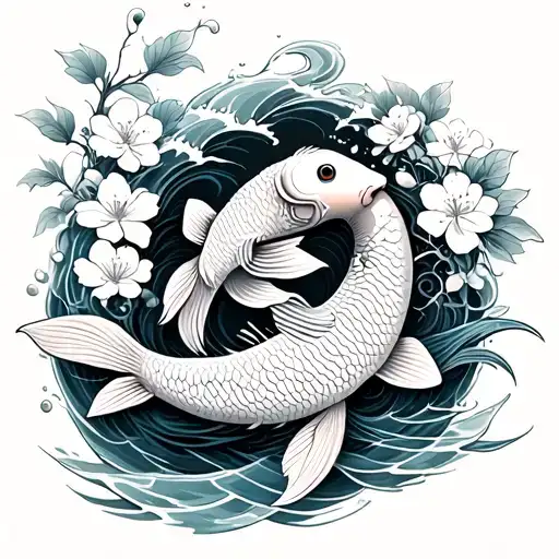 Koi Fish In Waves And With Cherry Flowers Growing