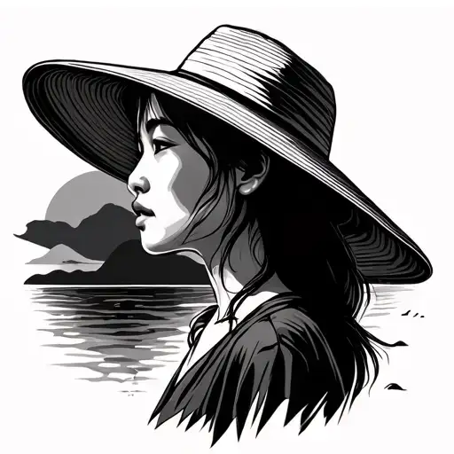 Vietnamese Woman In Profile With Hat And Sand At Sunset