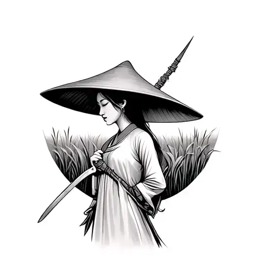 Vietnamese Woman In Profile With Pointed Hat In Long Dress And Saber In Hand In Rice Rice At Sunset