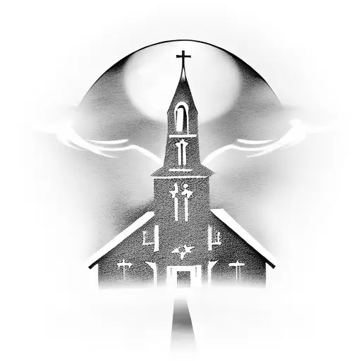 A Silhouette Of A Church With A Haloed Angel Floating Above