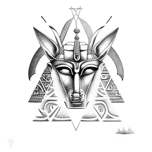 Anubis God With Pyramids And Hieroglyphs In The Background