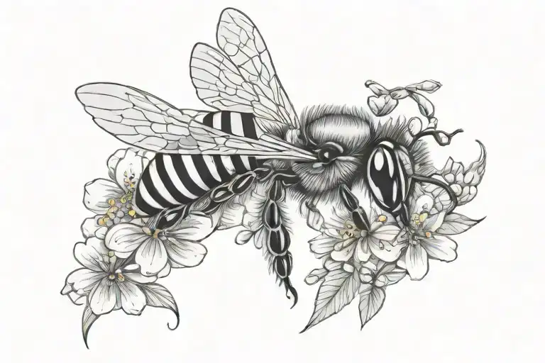 Honey Bee With Comb And Flowers