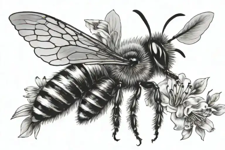 Honey Bee Wings Spread With Comb And Flowers