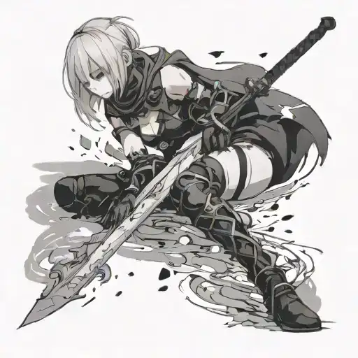 Nier Automata 2B's Sword Stabbed In Lunar Tears Under A Faint Lake