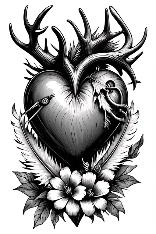 Heart Made Out Of Fishing Hook And Antler With Feather And Flowers For Detail