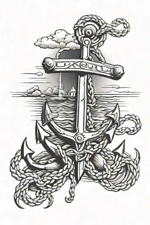 Marine Anchor And The Sea With A Sunset