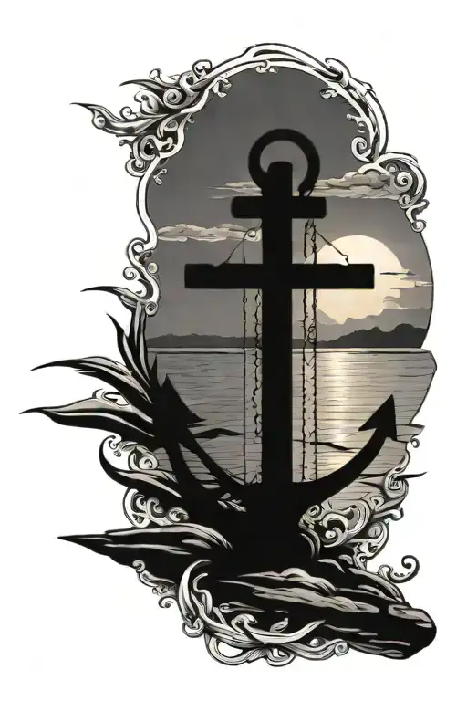 Marine Anchor And Sea With A Sunset With A Boat