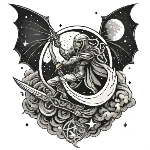Lunamoth With Sword And Moon Surrounded By Stars