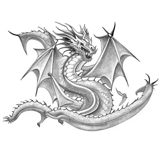 A Black-grey Tattoo Depicting A Dragon In A Minimalist And Modern Style