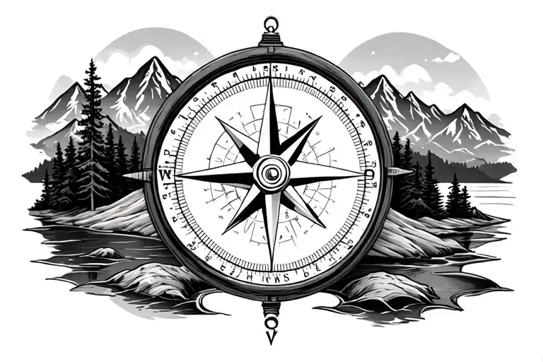 Compass With Mountains And Nature