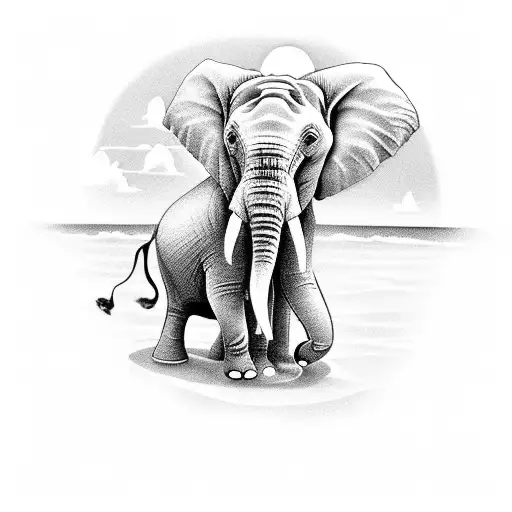 A Relaxing Elephant Lounging On A Tropical Beach In A Black-grey Style