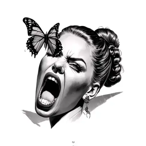 Women Portrait With Chignon Looking Angry And Screaming Butterfly By The Mouth