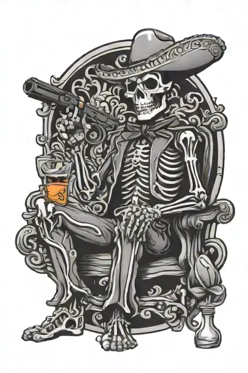 Sitting Cartoon Mexican Skeleton Holding Gun And Liquor