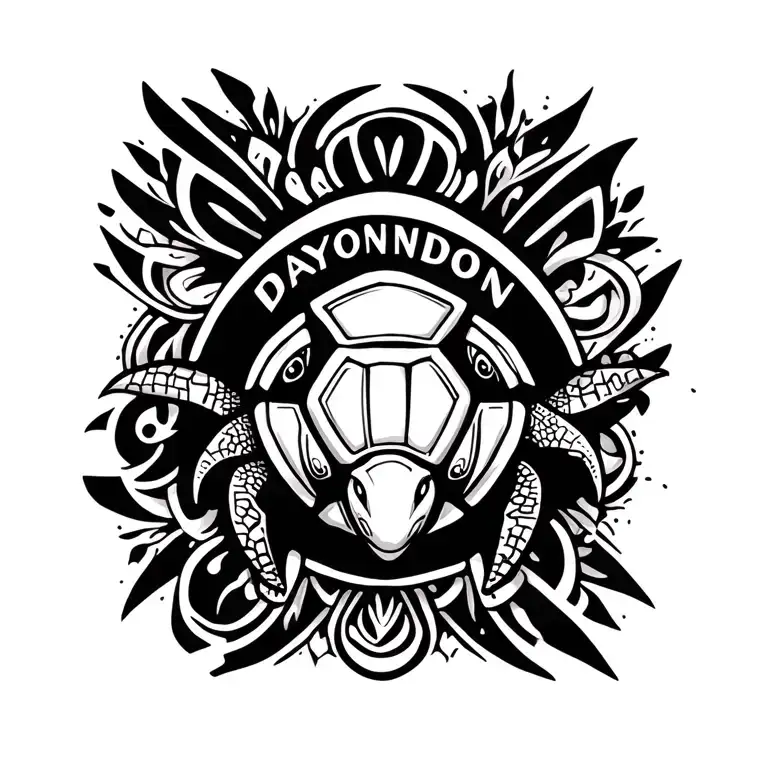 Turtle Surrounded With Tribal Patterns And The Word Dayondon In The Middle