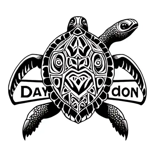 Turtle Surrounded With Tribal Patterns And The Word Dayondon In The Middle