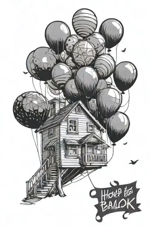 House From Up With A Black Balloon Flying Away Fron The Rest With A Purple Ribbon