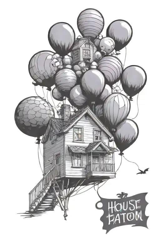 House From Up With A Black Balloon Flying Away Fron The Rest With A Purple Ribbon