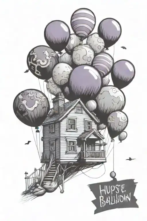 House From Up With One Black Balloon Flying Away Fron The Rest With A Purple Ribbon