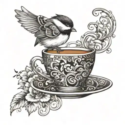 A Coffee Cup Filled With Swirling Patterns And A Chickadee Flying Out Of The Steam