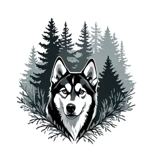 Husky Silhouette Surrounded By Forest Scene