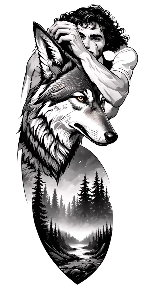 A Ceiling Man Who Puts His Hand On The Head Of An Aggressive Wolf And Below Is A Forest At Night