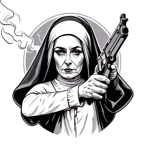 Cigarette Smoking Nun Holding A Gun