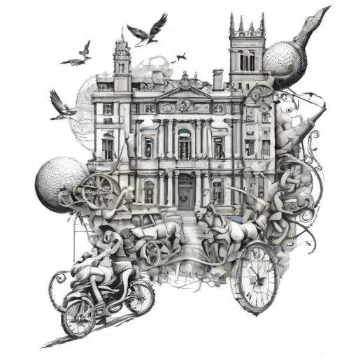 A Collage Of Architectural Landmarks Intertwined With Hunting Scenes And Golf Motifs