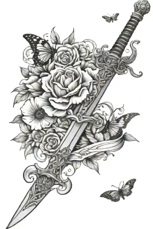 Flowers And Butterflies Around A Sword