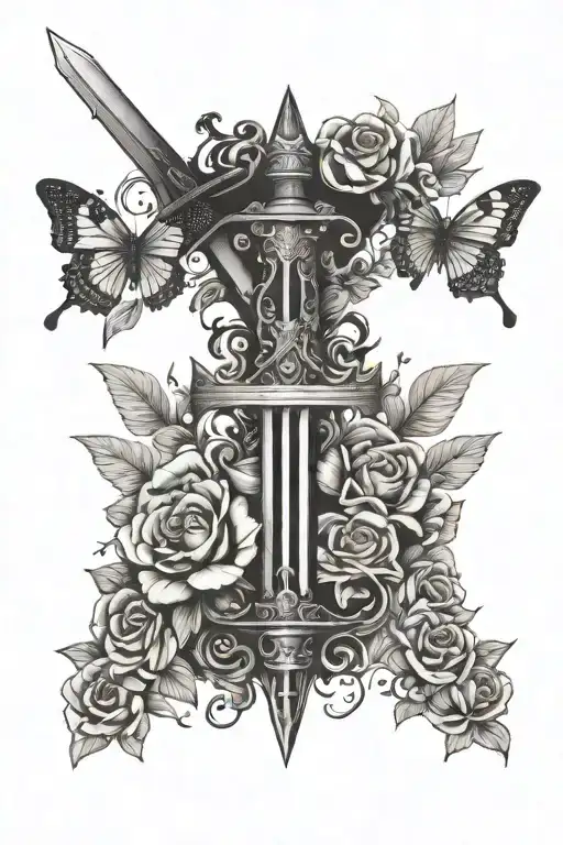 Flowers And Butterflies Around A Sword Going Up And Down On The Spine