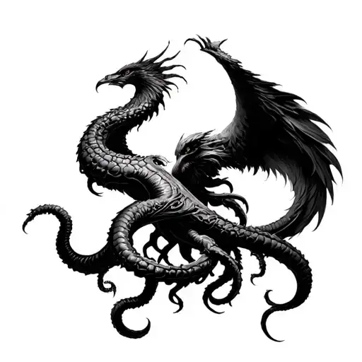 Phoenix Behind Medusa With A Leviathan Beneath Them