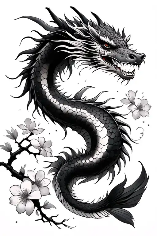 Japenese Dragon With Koi Fish And Flowers And Blossom Trees
